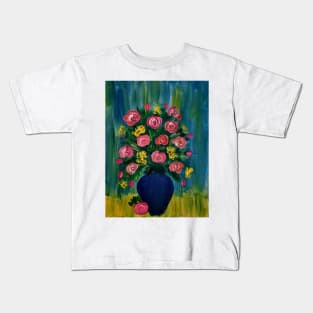 mixed flowers with red roses In a metallic blue vase Kids T-Shirt